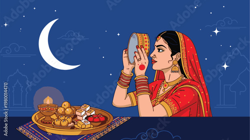 Traditional Karwa Chauth Puja Thali with Woman Performing Ritual Under Moonlight Illustration