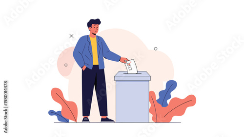 Young man wearing a blue jacket and dark trousers putting his paper ballot into a white voting box for a political election.