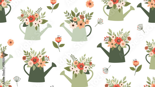 Beautiful seamless pattern of green and dark grey watering cans filled with a variety of colorful spring flowers on a white background.