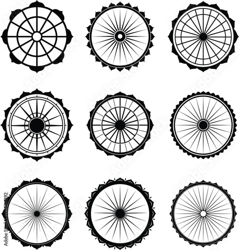 Set of nine different wheel icons with various line patterns and spoke designs