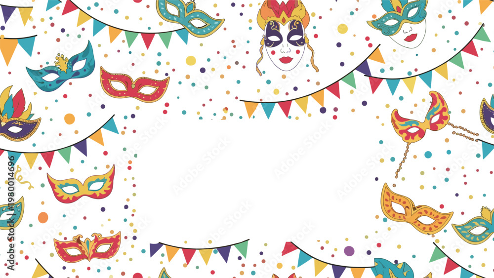 Obraz premium Festive carnival background with various colorful masquerade masks, colorful bunting flags, and confetti on a white background.
