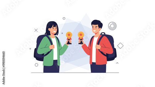 Happy teenage boy and girl wearing backpacks and holding gold trophies for their academic or athletic achievement at school.
