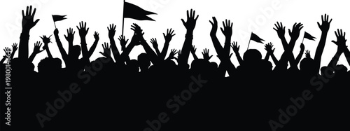 Silhouette of a crowd of people with raised hands and small flags in celebration  demonstration