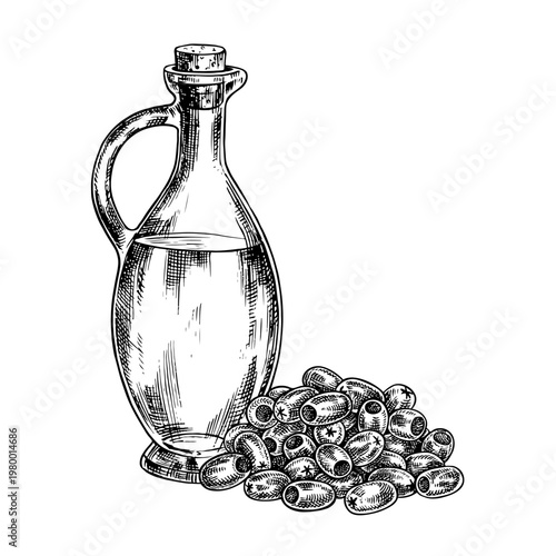 A glass transparent bottle with oil and a handful of olives. A black and white vector illustration drawn by hand. A design element for menus, recipes, and cookbooks, packaging, labels, and more.