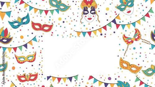 Festive carnival background with various colorful masquerade masks, colorful bunting flags, and confetti on a white background.