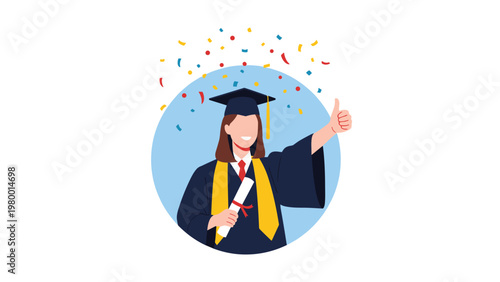 Happy female graduate in a black gown and cap holding her diploma and giving a thumbs up with colorful confetti in the background.