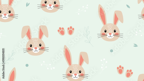 Cute seamless pattern of beige bunny faces with pink ears and cheeks mixed with small plants on a light green background.