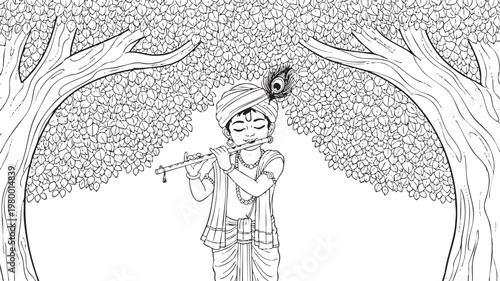Lord Krishna Playing Flute Under Tree Detailed Line Art Illustration for Mythology and Spiritual Use