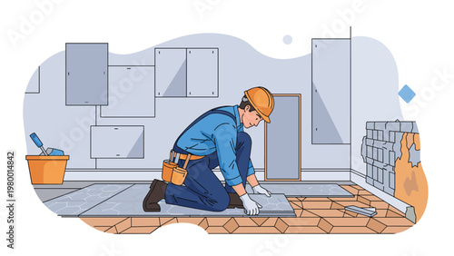 Male construction worker wearing a blue shirt and orange helmet kneeling and carefully laying tiles on a kitchen floor.