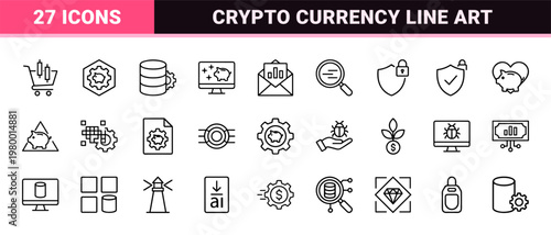 Cryptocurrency and blockchain fintech outline icons for digital finance