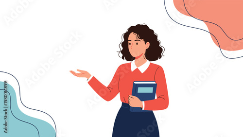 Young woman with curly hair wearing a red shirt and dark skirt holding a blue book and gesturing with one hand.