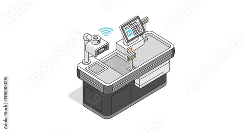 Automated Self-Checkout Counter with AI Technology and Smart Object Scanner, Isometric Illustration for Modern Retail and Grocery Stores