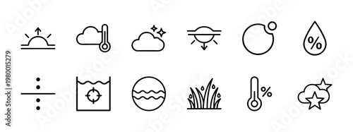Minimalist weather forecast and meteorology line icons set