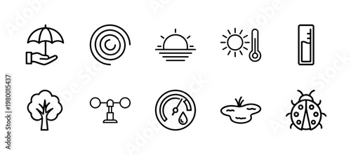 Minimalist weather and meteorology line icon set for environmental forecasting.