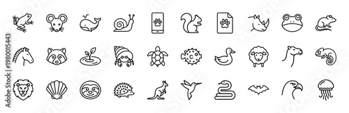 Wildlife and domestic animals minimalist line icon set for branding and apps.