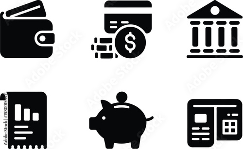 Set of six professional black icons representing various financial services and common personal banking transaction methods
