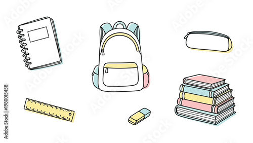 Back to School Essentials: A collection of essential school supplies, including a notebook, backpack, pencil case, ruler, eraser, and a stack of books, is neatly arranged.
