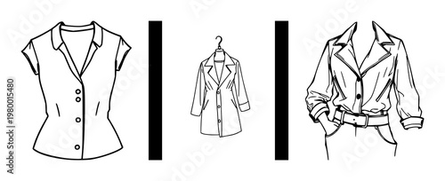 Fashion set with female models in various poses featuring modern clothing, elegant apparel, stylish outfits with accessories and footwear