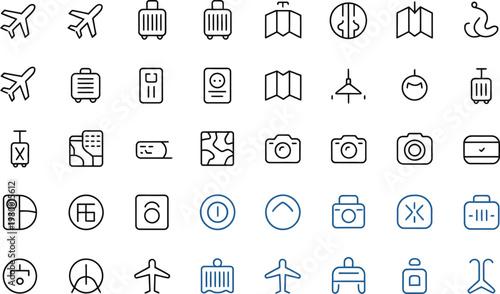 Set of travel icons featuring airplanes suitcases cameras and navigation maps for vacation planning and tourism