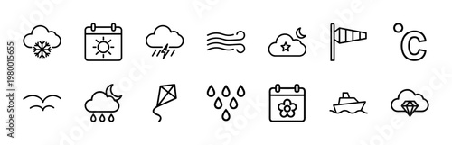 Minimalist weather and meteorology outline icons for climate forecasting and web design.