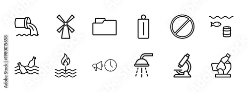 Minimalist environment and water pollution outline icon set for professional design.
