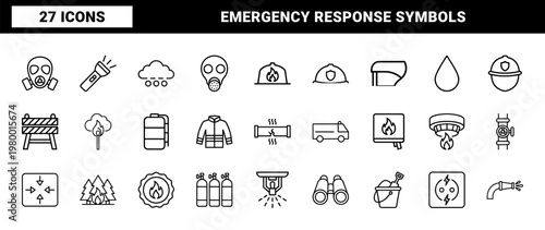 Fire safety and emergency services minimalist line icon set
