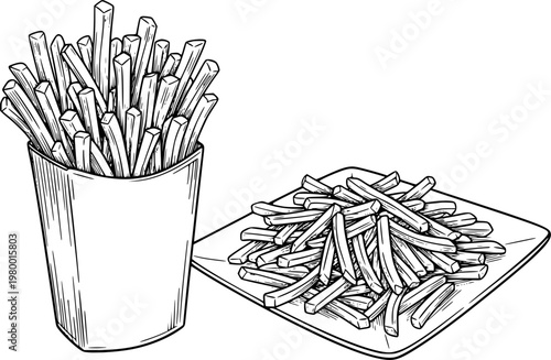 Hand Drawn French Fries in Paper Cup and Pile Plate Black and White potato food