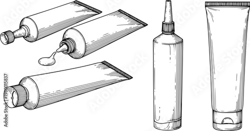 Hand Drawn Ink Collection of Various Cream Tubes and Bottles White Background cosmetic