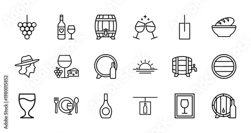 Wine processing and vineyard production minimalist outline icon set.