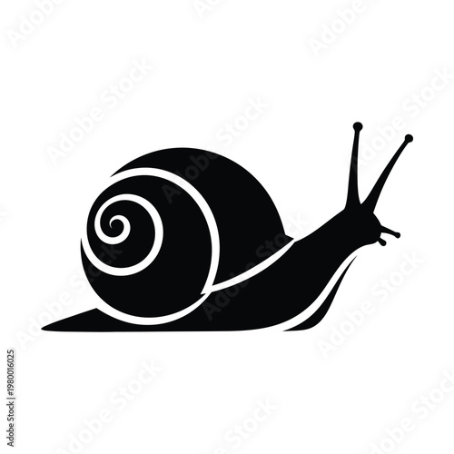 Minimalist snail silhouette vector icon, black garden gastropod mollusk profile, stylized spiral shell animal logo, clean nature symbol for branding and web design