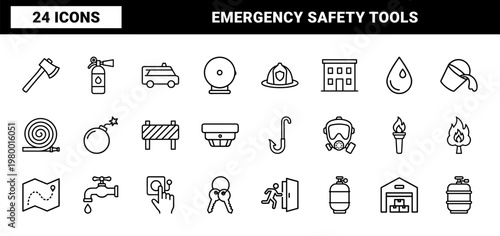 Fire department line icons set for emergency and rescue equipment