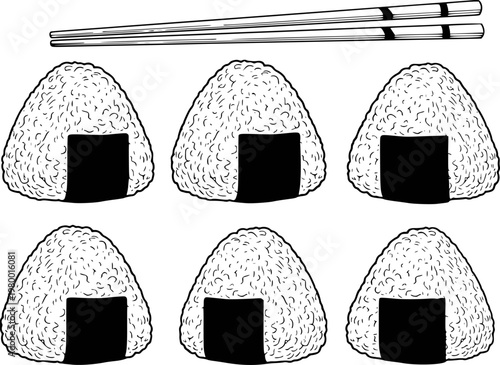 Japanese rice balls with nori seaweed and chopsticks a white background onigiri food