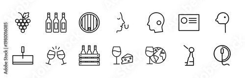 Minimalist wine and vineyard line icons for beverage industry and hospitality branding
