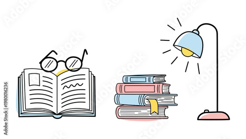 Reading Sanctuary: Illustration showcasing the joy of reading, featuring an open book, a stack of books, eyeglasses, and a lamp, inviting viewers to immerse themselves in the world of knowledge.