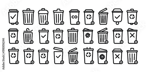 Recycling bin line icons set with waste management symbols and garbage container outlines
