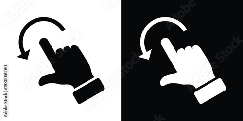 Contrasting black and white mirrored hand icon with extended finger and curved rotation arrow, symbolizing rotate gesture. Clean minimalist design for UI, apps, and digital interaction.