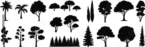 Tree silhouette collection, palm deciduous coniferous cypress vector set, black forest artwork, botanical illustration elements, diverse tree shapes design icons