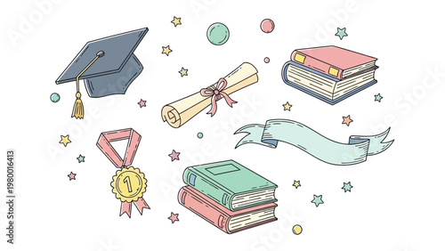 Academic Achievement: Illustration of graduation cap, diploma, books, medal, ribbon, and stars, representing scholarly success and educational milestones.