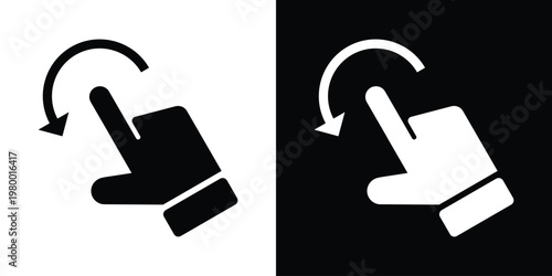Contrasting black and white mirrored hand icon with extended finger and curved rotation arrow, symbolizing rotate gesture. Clean minimalist design for UI, apps, and digital interaction.