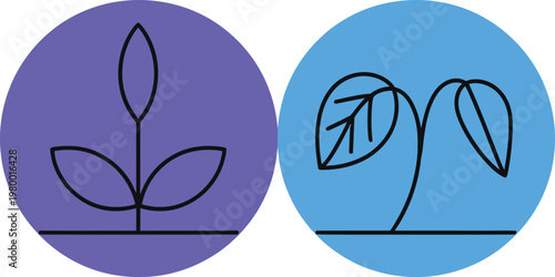 Simple line icons of small growing green plants inside circular purple and blue round frames