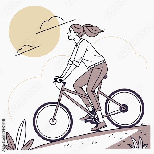 A minimalist illustration depicts a woman joyfully cycling outdoors bathed in the warm glow of a circular golden sun high quality professional