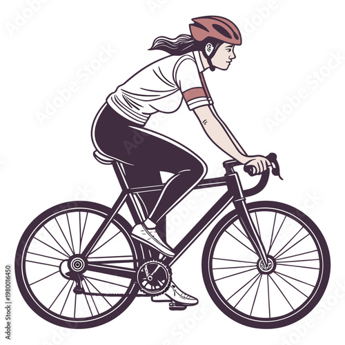 A stylized illustration depicts a female cyclist in motion showcasing a dynamic profile view of athletic activity and road biking high quality
