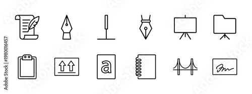 Minimalist writing and digital content creation line icon set for web design