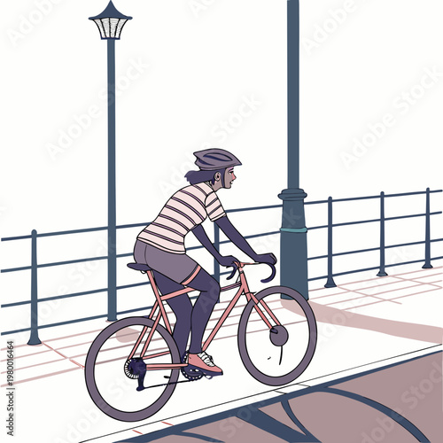 A cyclist wearing a helmet rides a bicycle along a waterfront promenade passing lampposts and a railing high quality professional detailed modern