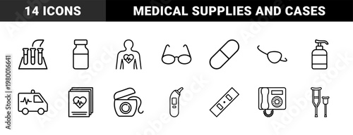 Healthcare and emergency first aid kit line icon pack on white