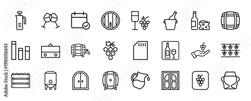 Wine production and vineyard line icon set for beverage industry design