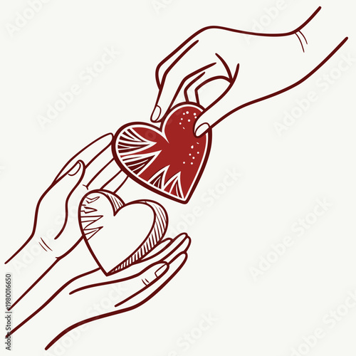 A delicate illustration depicts two hands exchanging a heart symbolizing care affection and the giving and receiving of love high quality professional