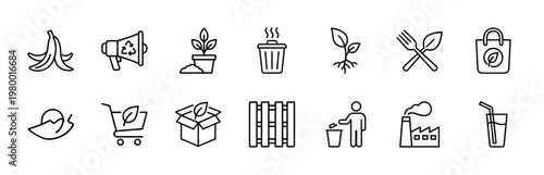 Environmental sustainability and zero waste line icon set