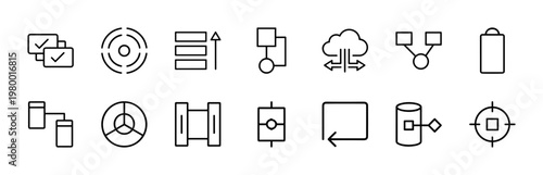 Minimalist workflow and data process line icons for business applications