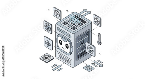 Isometric AI Server Character with Cooling Fans and Temperature Management System Illustration